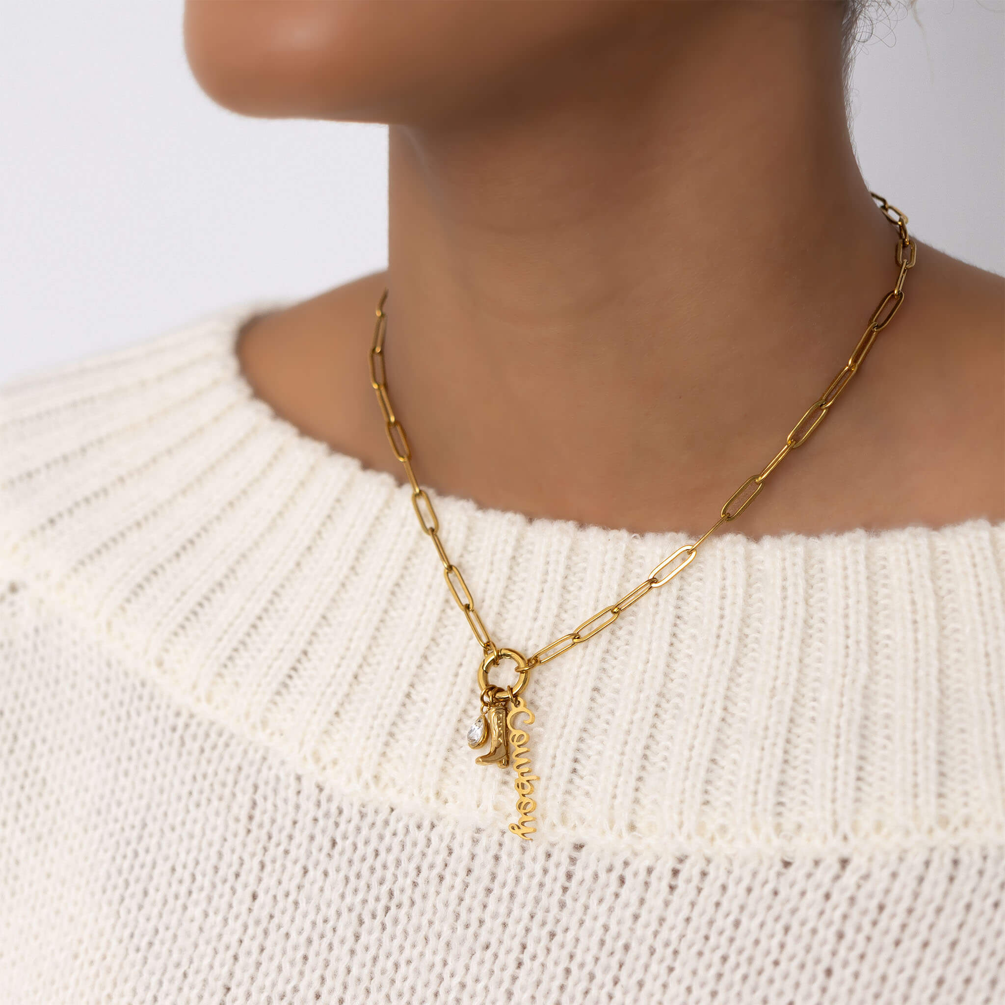 Cowboy Charm Necklace – 18K Gold Stainless Steel Paperclip Charm Holder Set