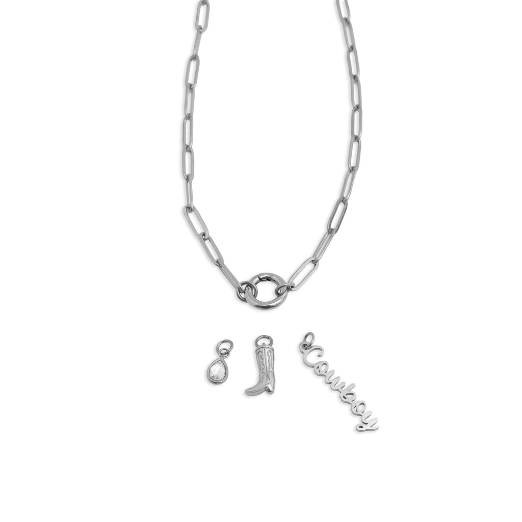 Cowboy Charm Necklace – 18K Gold Stainless Steel Paperclip Charm Holder Set
