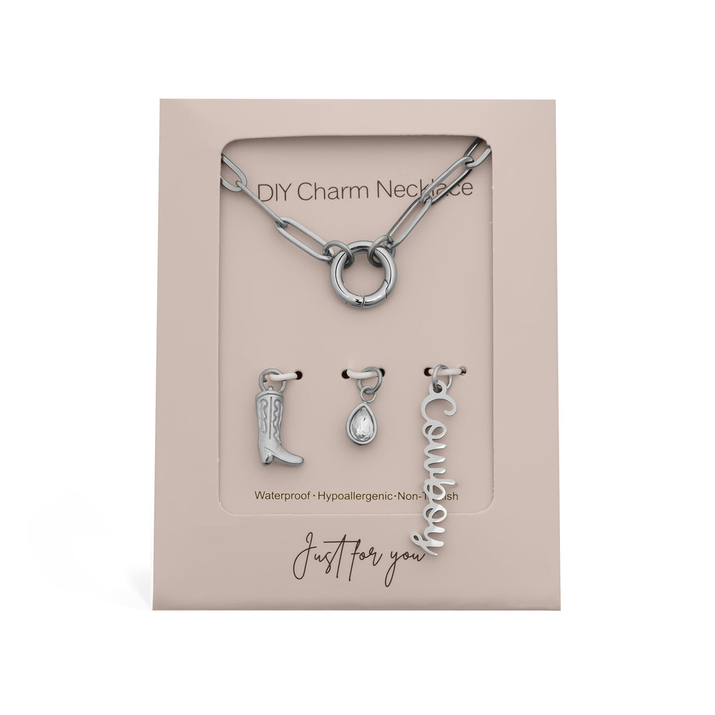 Cowboy Charm Necklace – 18K Gold Stainless Steel Paperclip Charm Holder Set