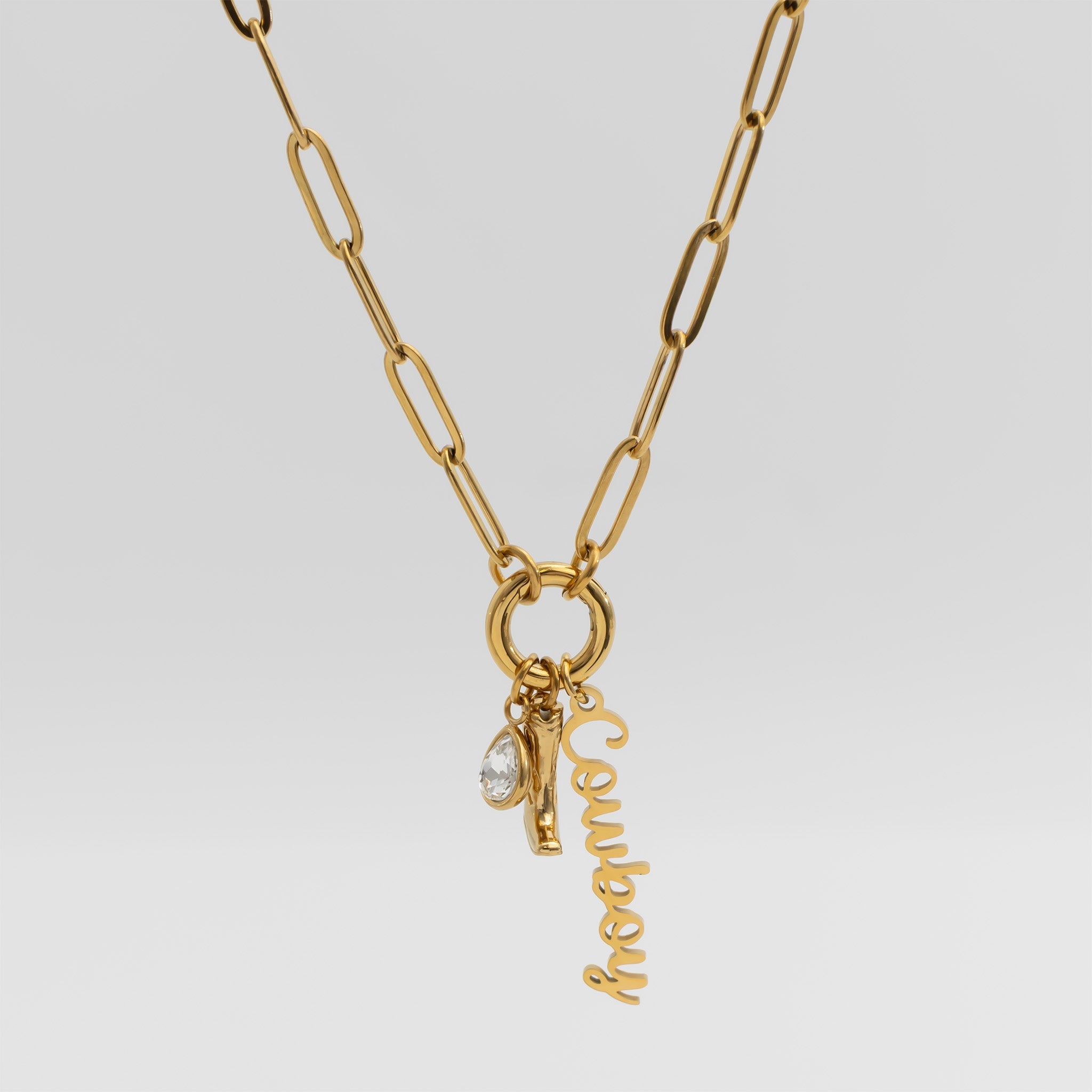 Cowboy Charm Necklace – 18K Gold Stainless Steel Paperclip Charm Holder Set