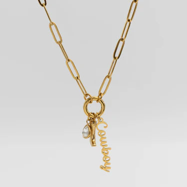 18K Gold PVD Stainless Steel Cowboy Charm Holder Necklace Set