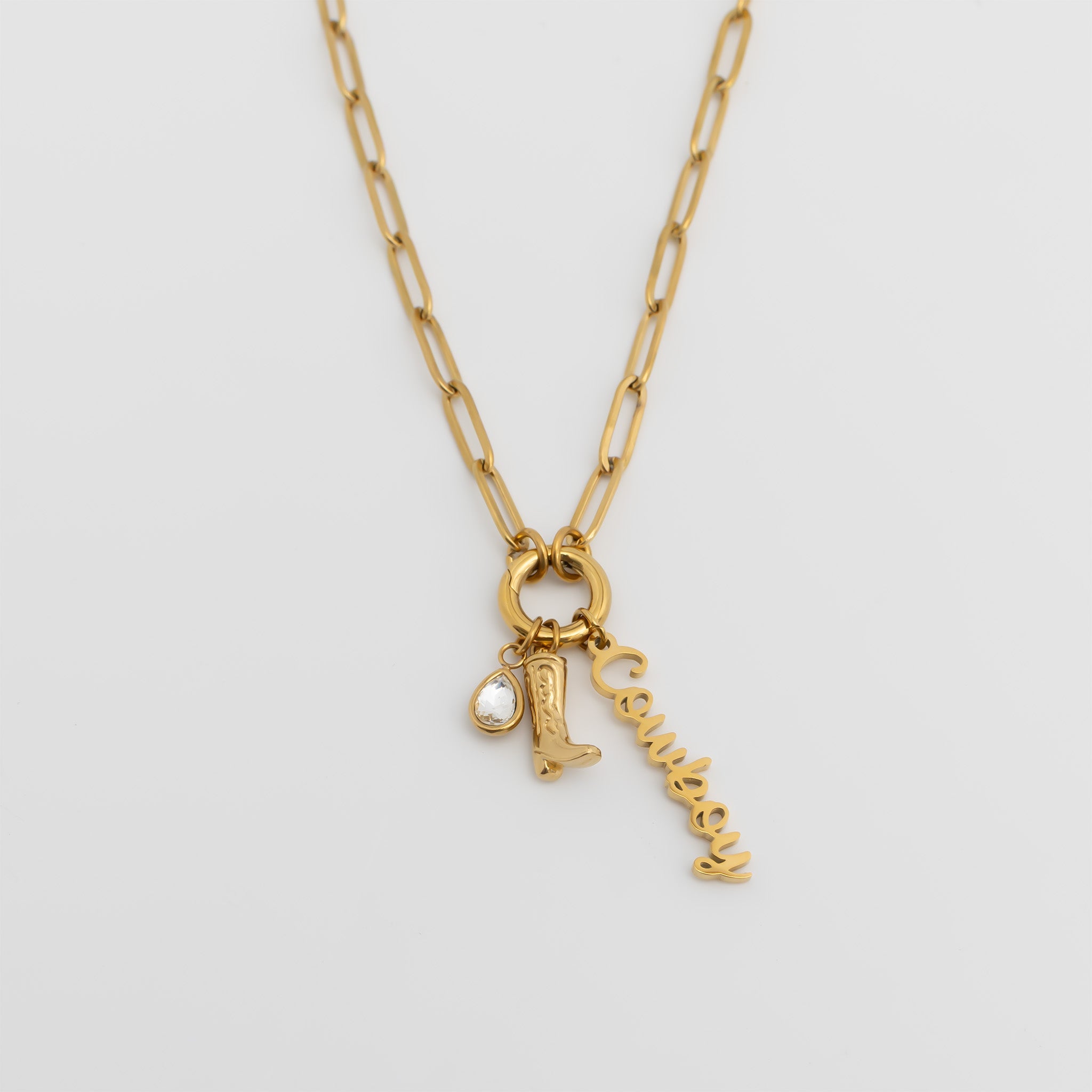 Cowboy Charm Necklace – 18K Gold Stainless Steel Paperclip Charm Holder Set