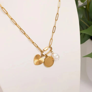 18K Gold PVD Stainless Steel Pearl Sunburst Charm Holder Necklace Set