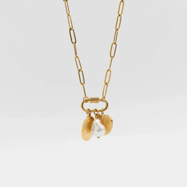 18K Gold PVD Stainless Steel Pearl Sunburst Charm Holder Necklace Set