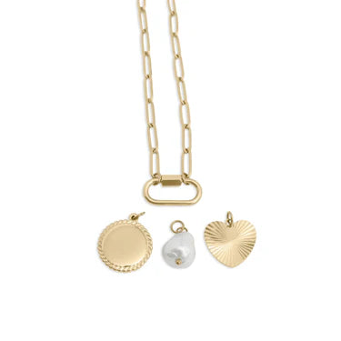 18K Gold PVD Stainless Steel Pearl Sunburst Charm Holder Necklace Set