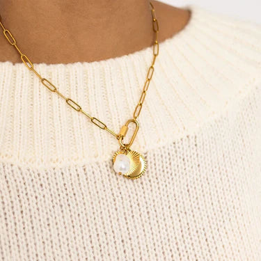 18K Gold PVD Stainless Steel Pearl Sunburst Charm Holder Necklace Set