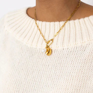 18K Gold PVD Stainless Steel Pearl Sunburst Charm Holder Necklace Set