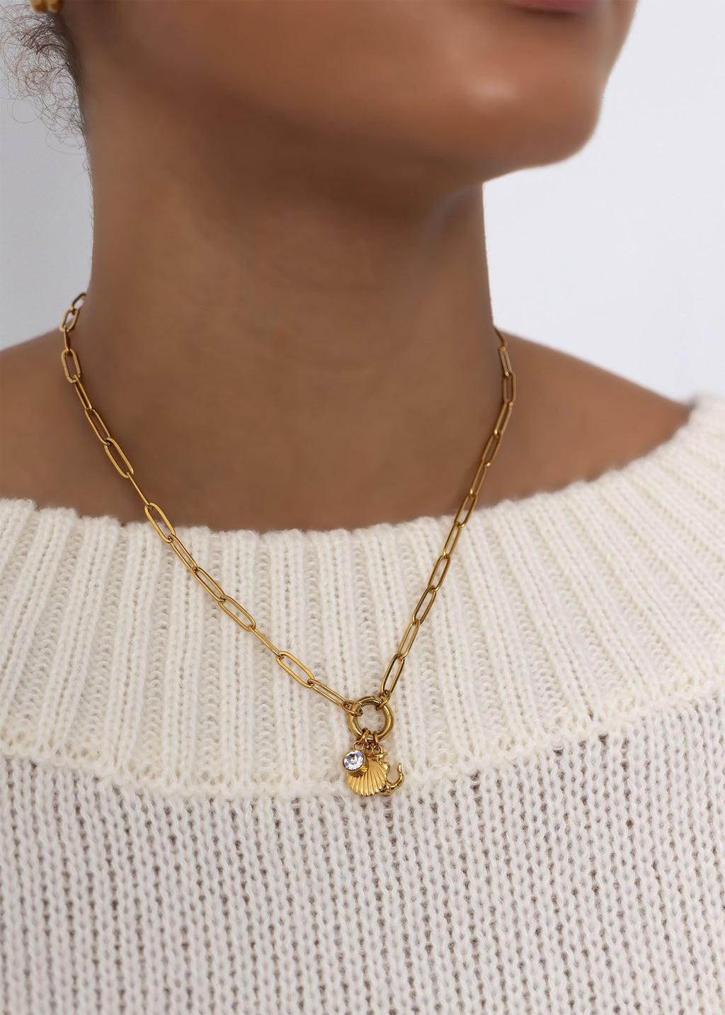 Gold Charm Necklace – Nautical Shell & Anchor Stainless Steel Jewelry Set