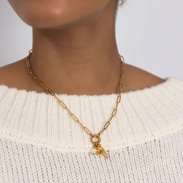 18K Gold PVD Stainless Steel Angel Wing Charm Holder Necklace Set