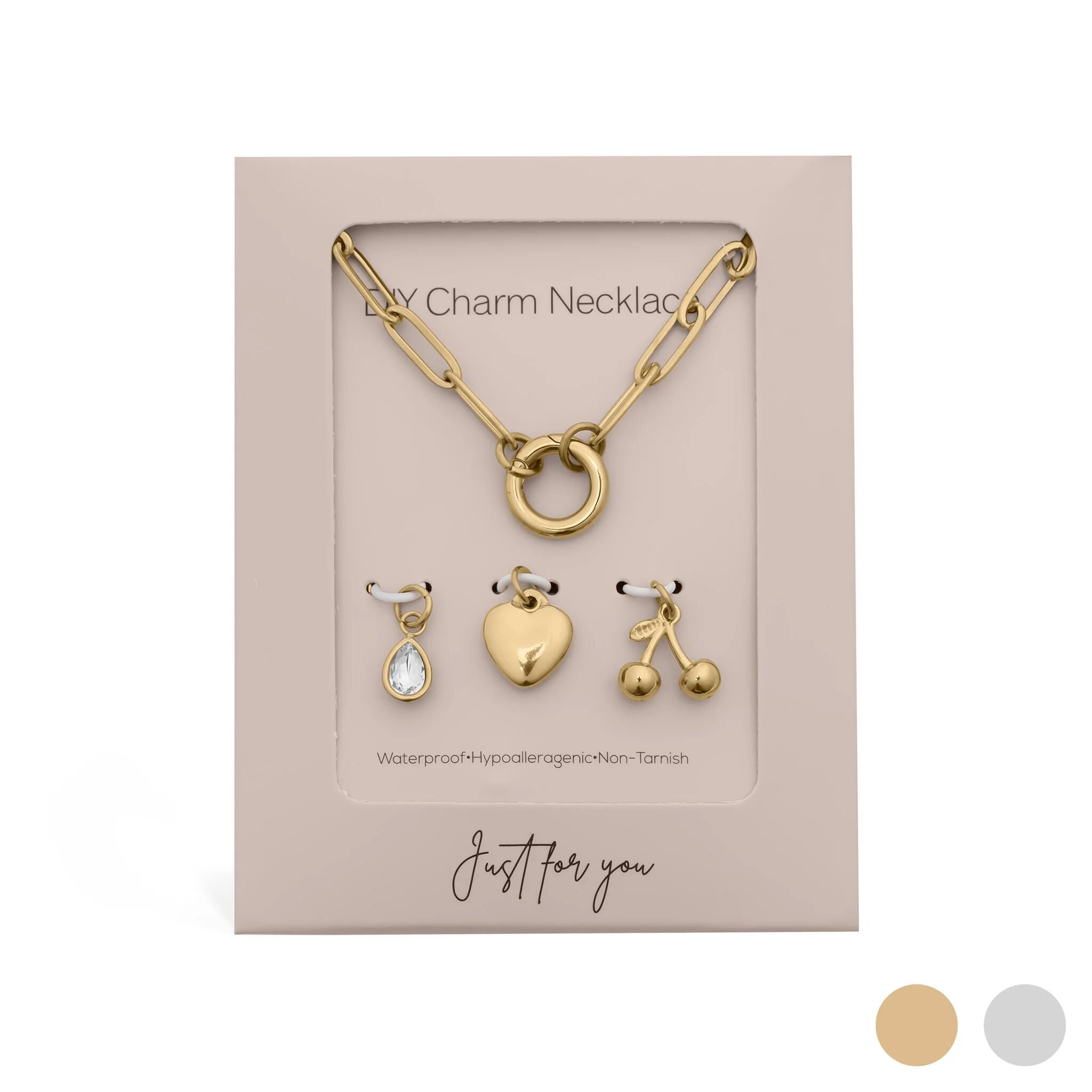 Charm Holder Necklace – Gold Paperclip Chain with Cherry Enamel Charms Gift Set