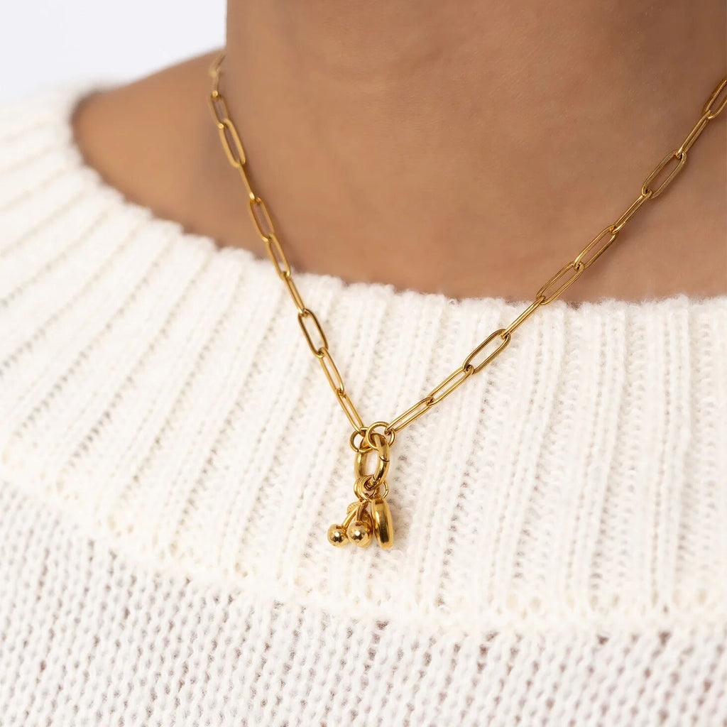Charm Holder Necklace – Gold Paperclip Chain with Cherry Enamel Charms Gift Set