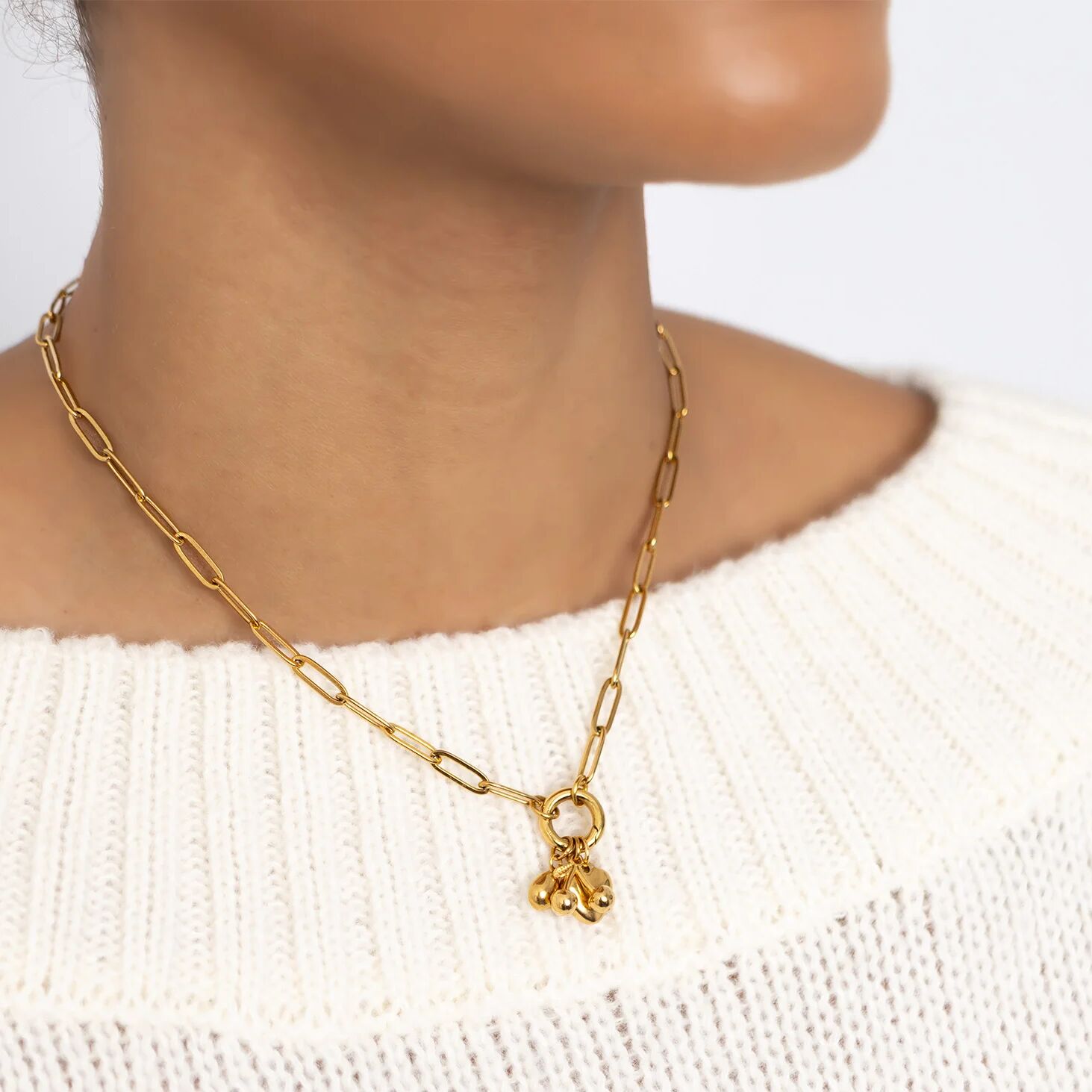 Charm Holder Necklace – Gold Paperclip Chain with Cherry Enamel Charms Gift Set