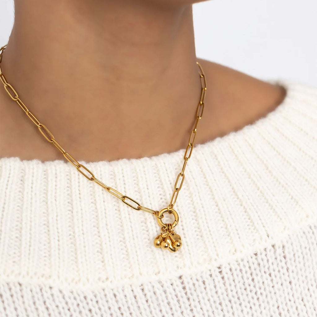 Charm Holder Necklace – Gold Paperclip Chain with Cherry Enamel Charms Gift Set