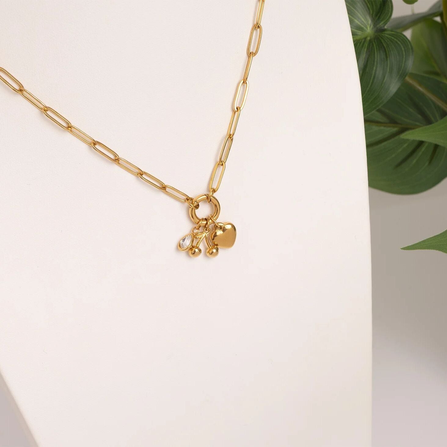 Charm Holder Necklace – Gold Paperclip Chain with Cherry Enamel Charms Gift Set