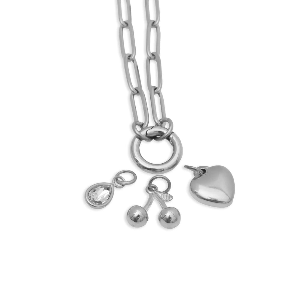 Charm Holder Necklace – Gold Paperclip Chain with Cherry Enamel Charms Gift Set