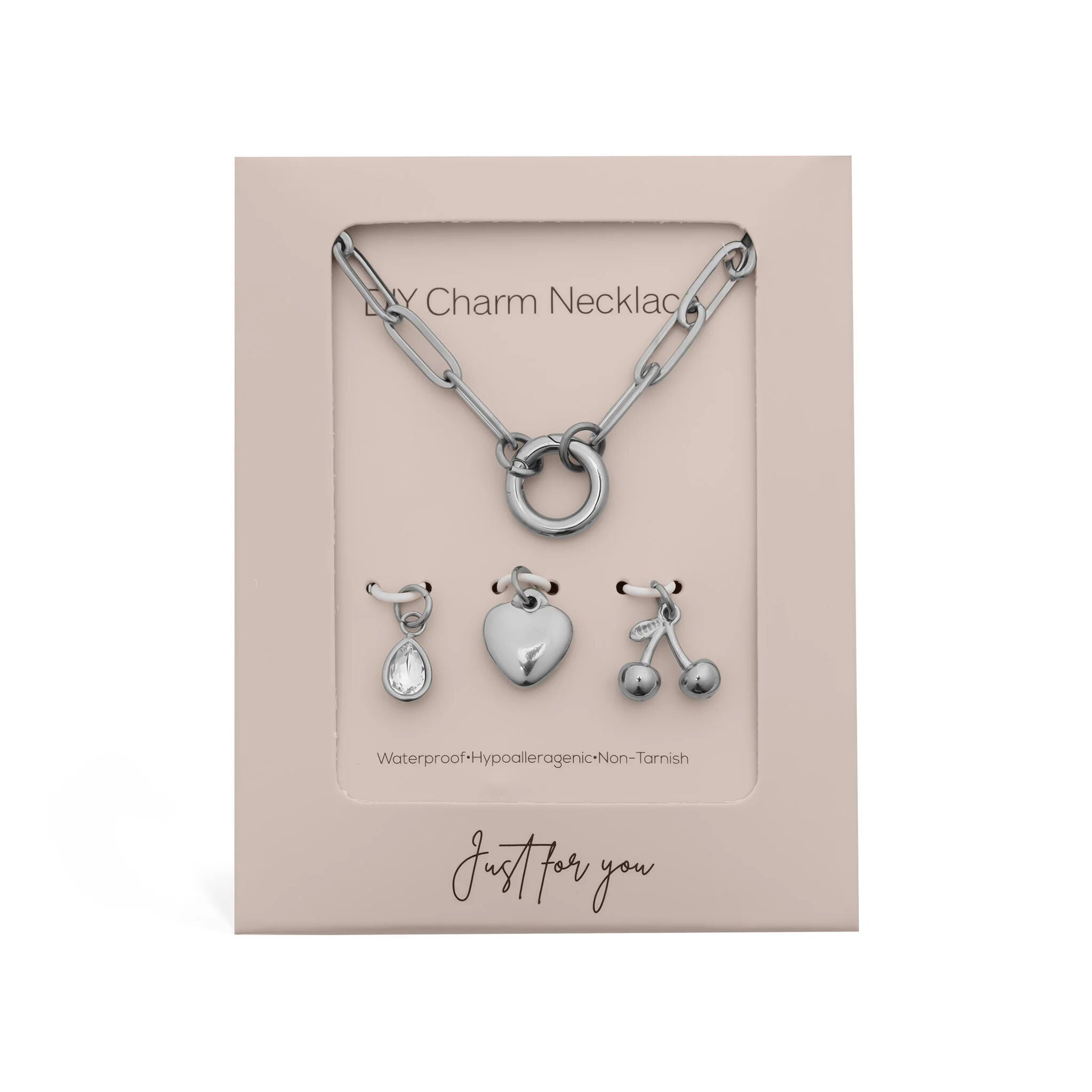 Charm Holder Necklace – Gold Paperclip Chain with Cherry Enamel Charms Gift Set