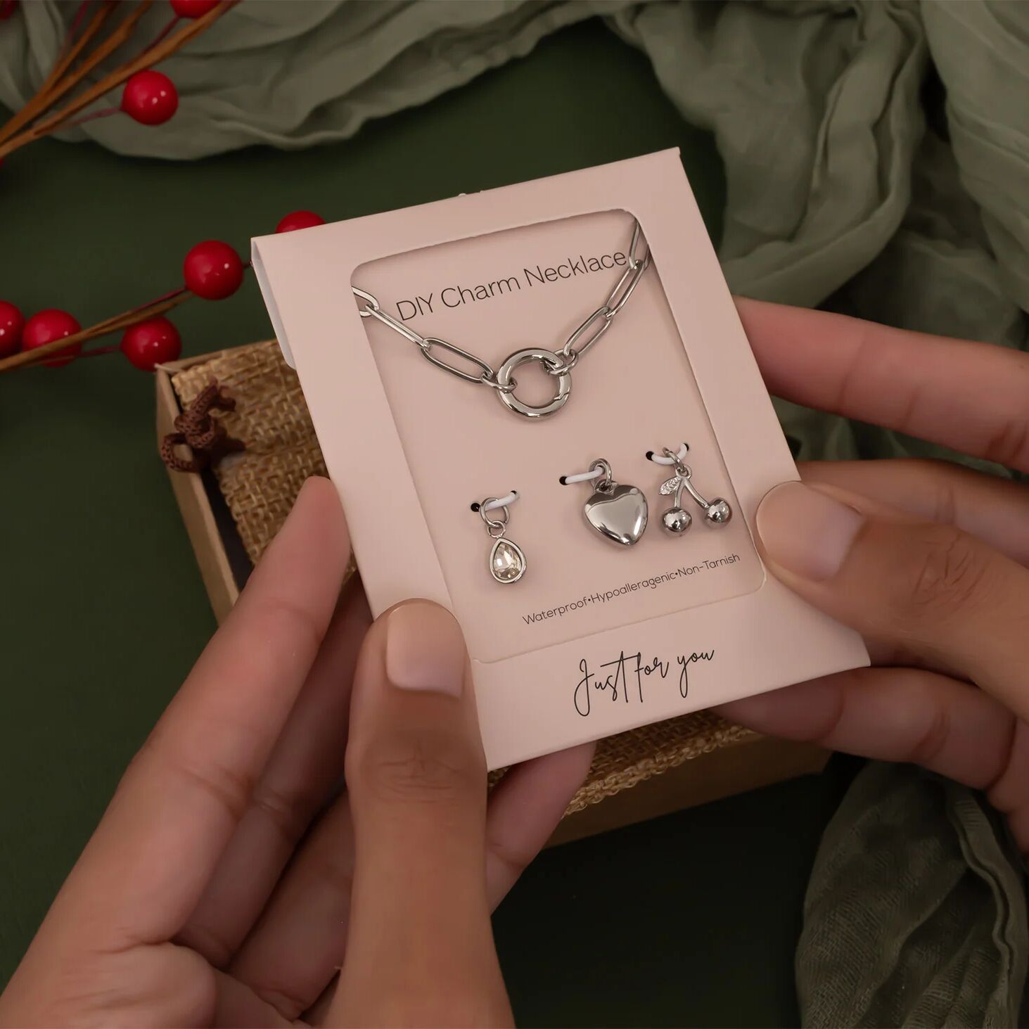 Charm Holder Necklace – Gold Paperclip Chain with Cherry Enamel Charms Gift Set