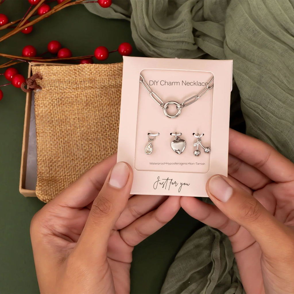 Charm Holder Necklace – Gold Paperclip Chain with Cherry Enamel Charms Gift Set