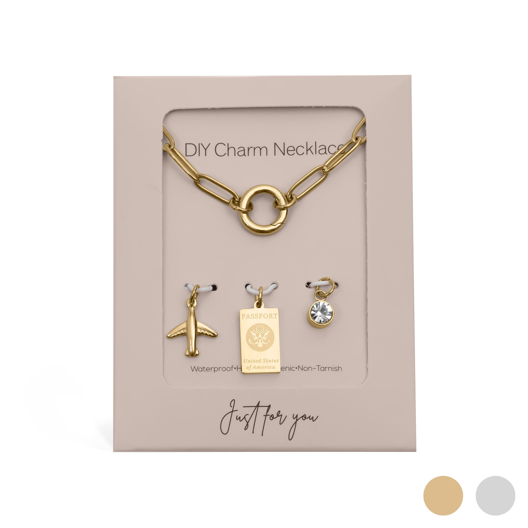 Gold Charm Necklace – 18K Gold Jewelry Travel Charm Holder Gift Set