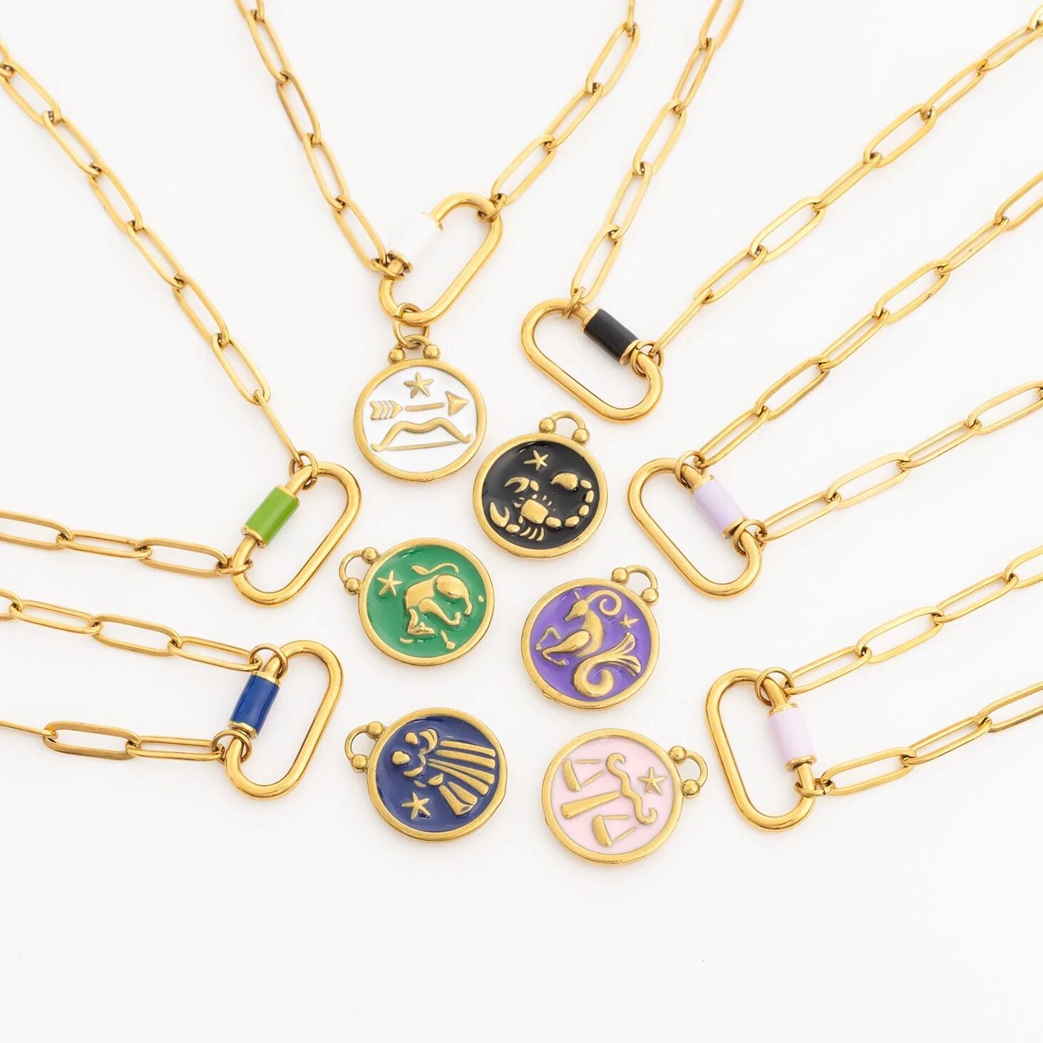 18K Gold Carabiner Necklace – Colorful Enamel Pendant | Adjustable Chain Jewelry