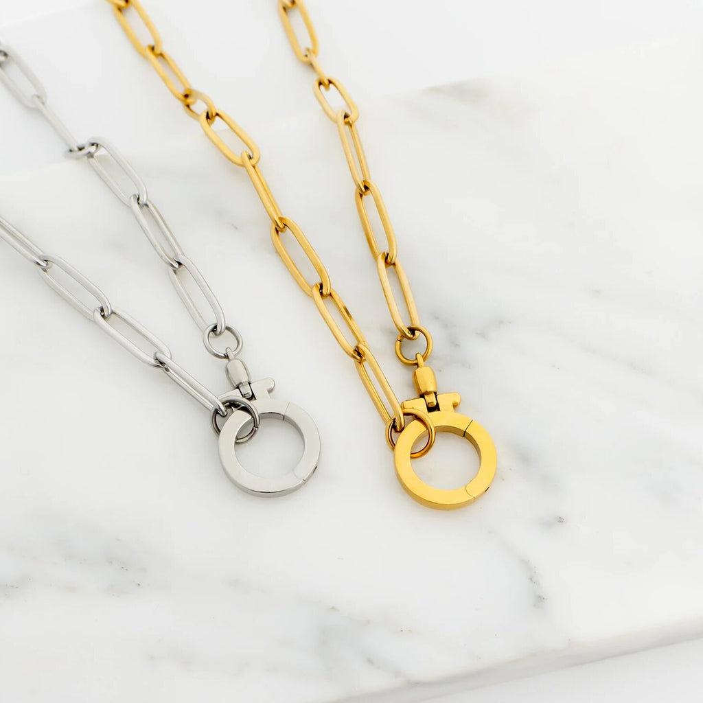 Gold Carabiner Necklace - 18K Gold PVD Stainless Steel Circle Chain, Tarnish Resistant