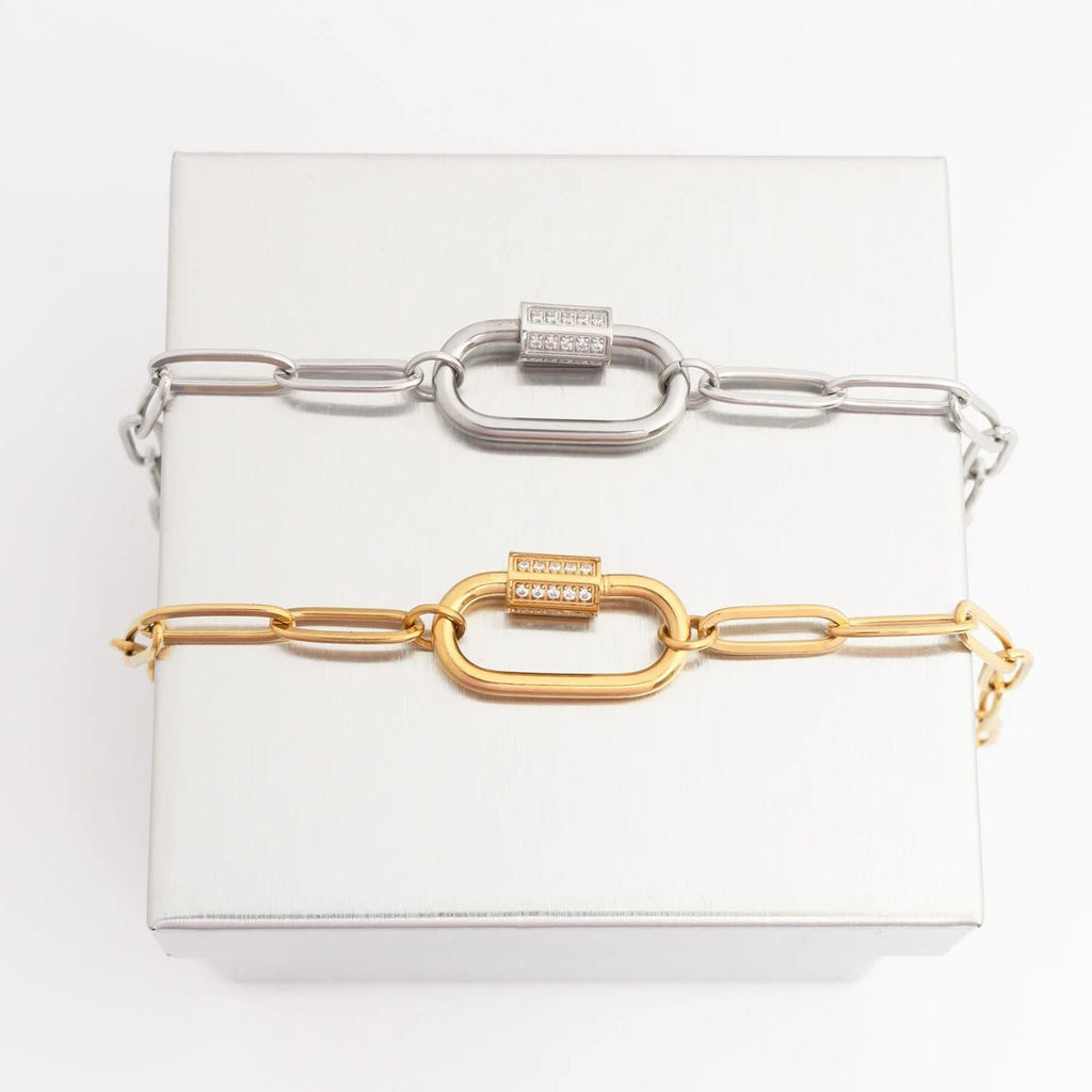 Gold Carabiner Necklace – 18K Gold PVD Stainless Steel CZ Stone Chain