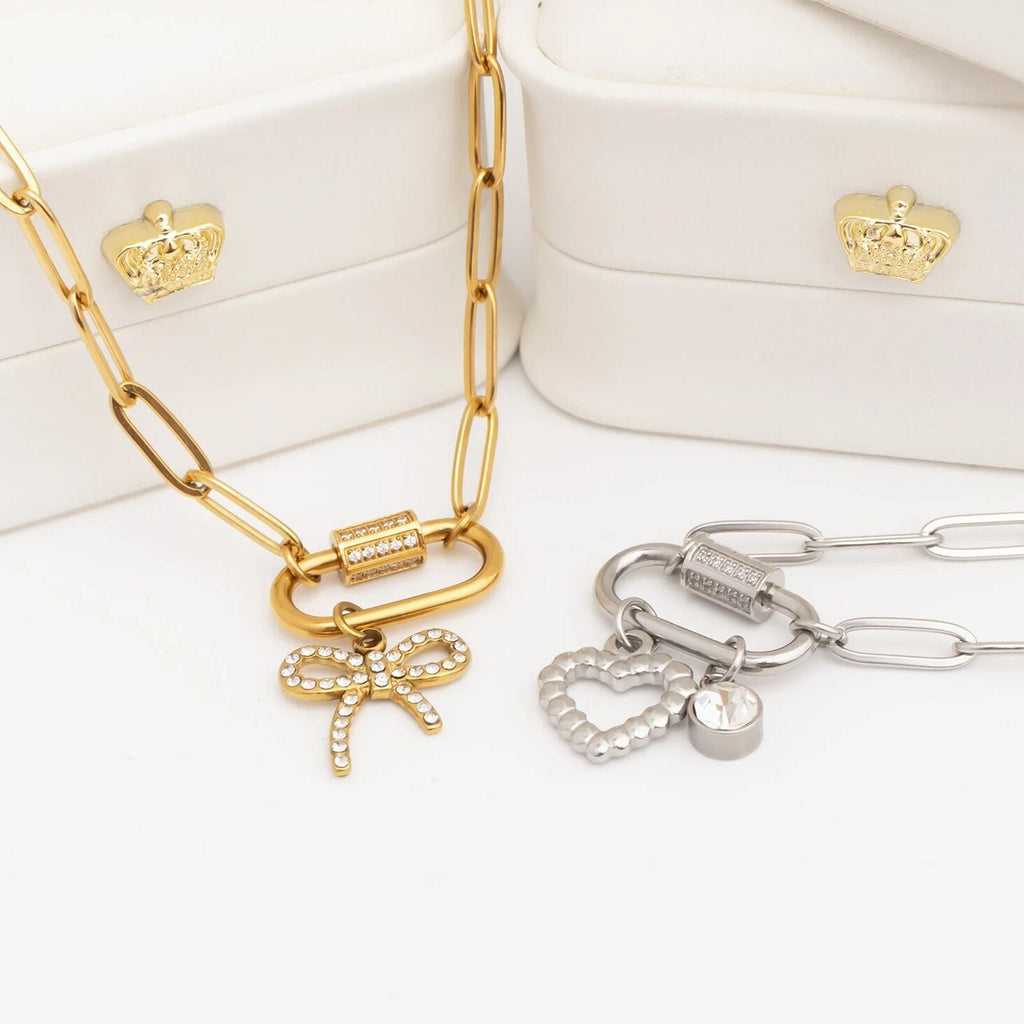 Gold Carabiner Necklace – 18K Gold PVD Stainless Steel CZ Stone Chain