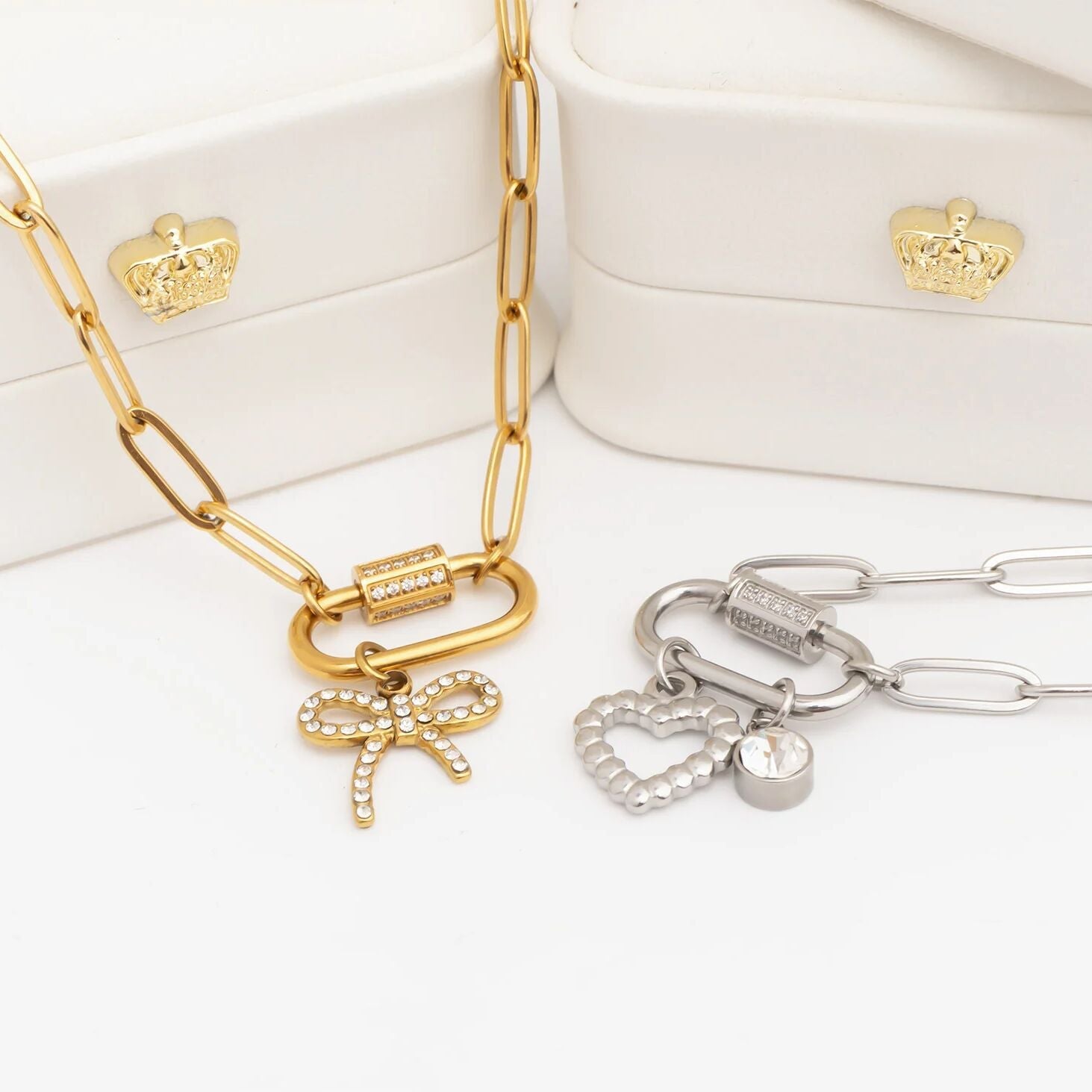 Gold Carabiner Necklace – 18K Gold PVD Stainless Steel CZ Stone Chain