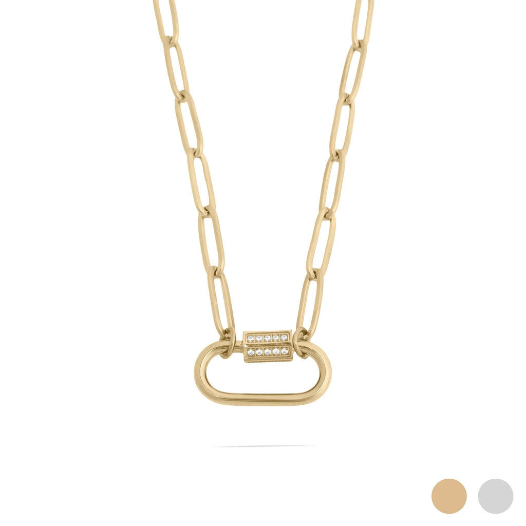 Gold Carabiner Necklace – 18K Gold PVD Stainless Steel CZ Stone Chain