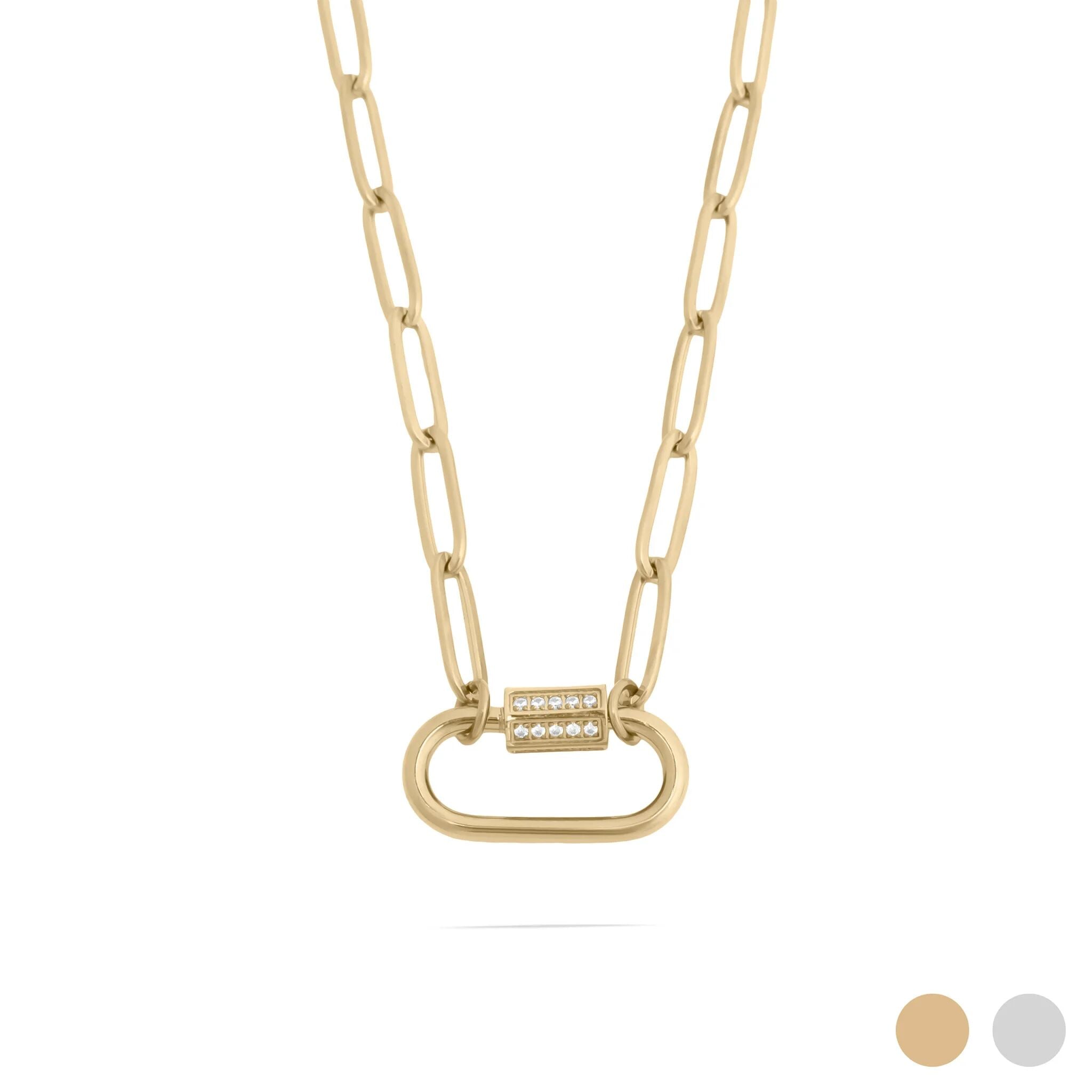 Gold Carabiner Necklace – 18K Gold PVD Stainless Steel CZ Stone Chain