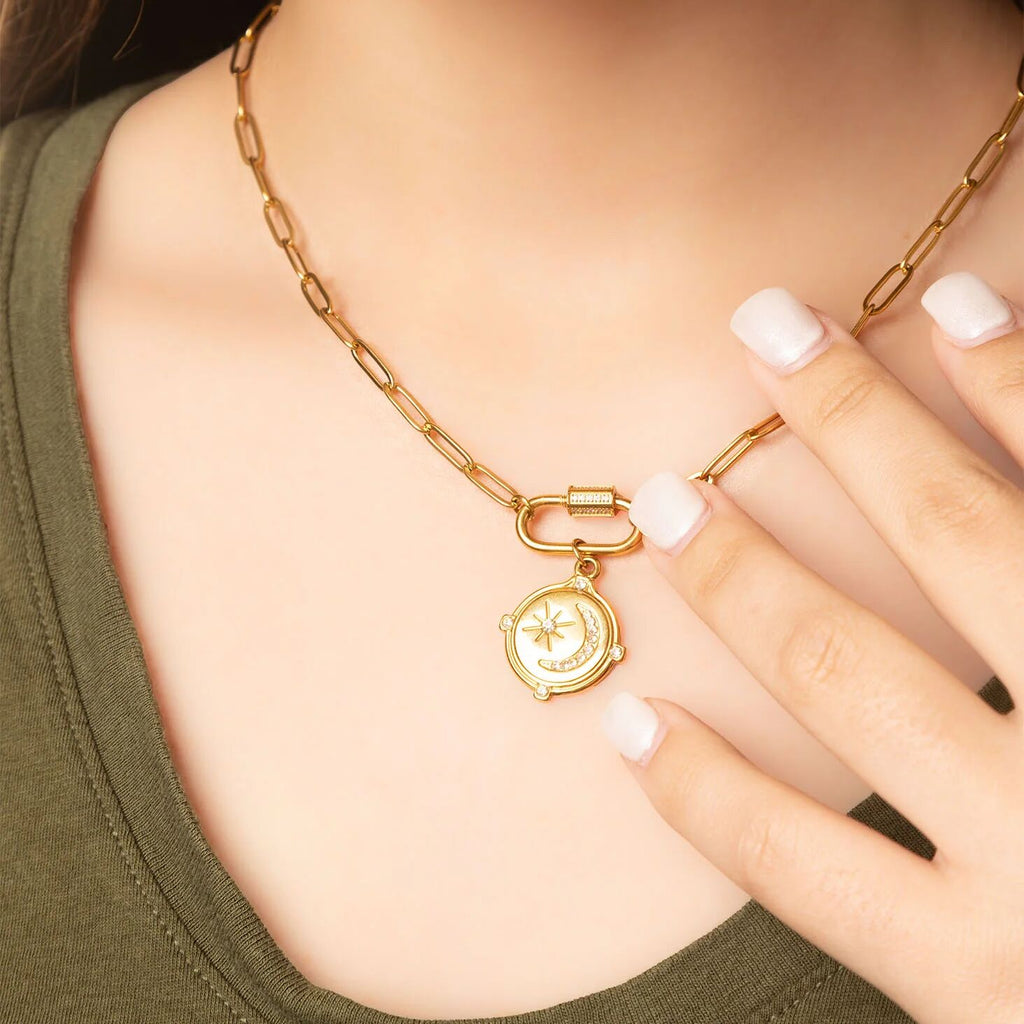 Gold Carabiner Necklace – 18K Gold PVD Stainless Steel CZ Stone Chain