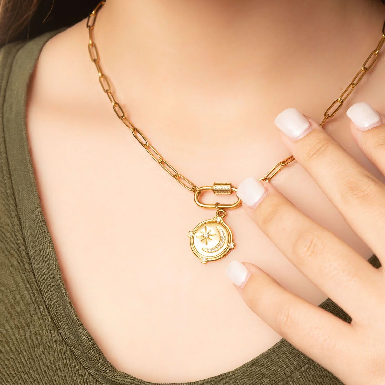 Gold Carabiner Necklace – 18K Gold PVD Stainless Steel CZ Stone Chain