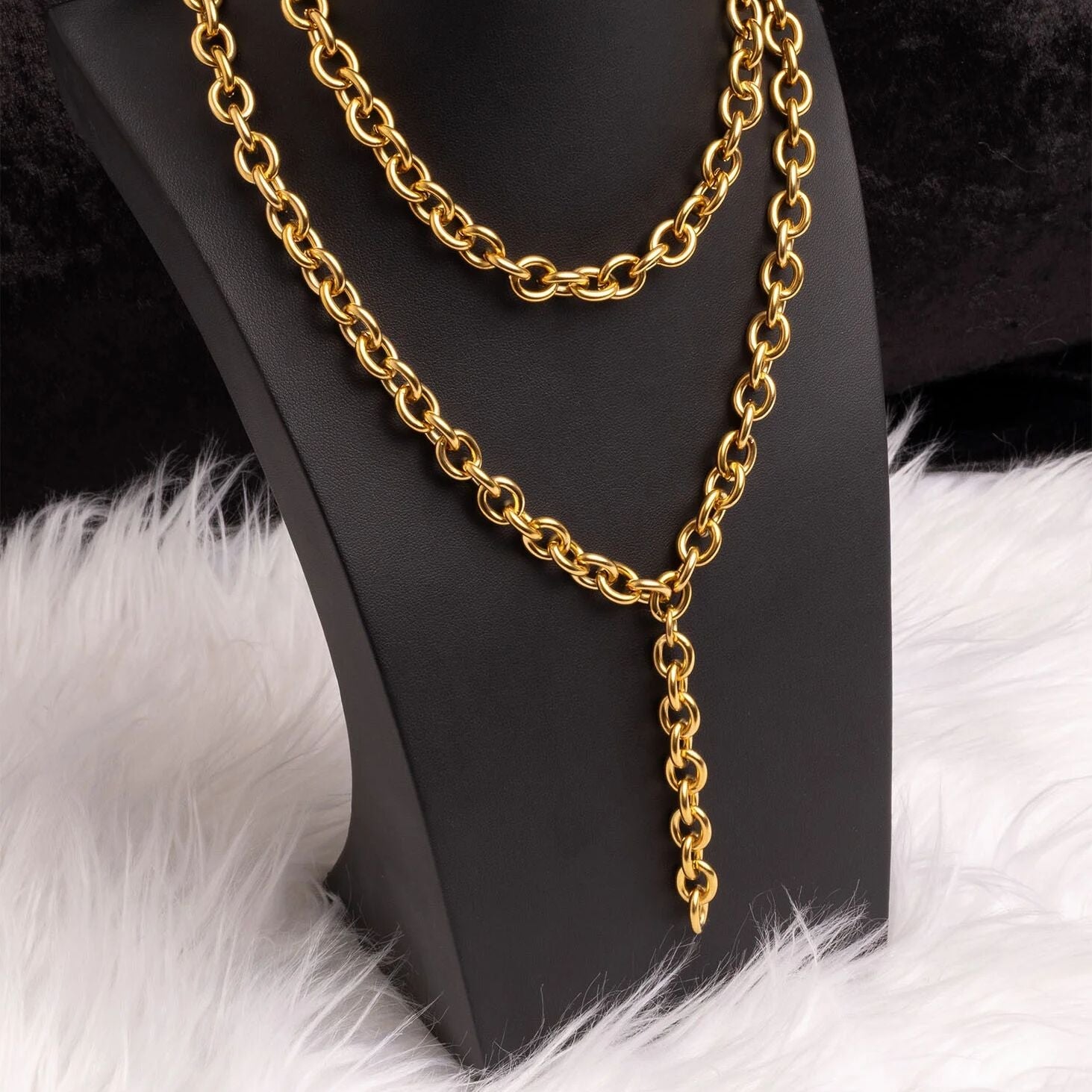 Chunky Chain Necklace – 18K Gold Lariat Adjustable Stainless Steel Jewelry