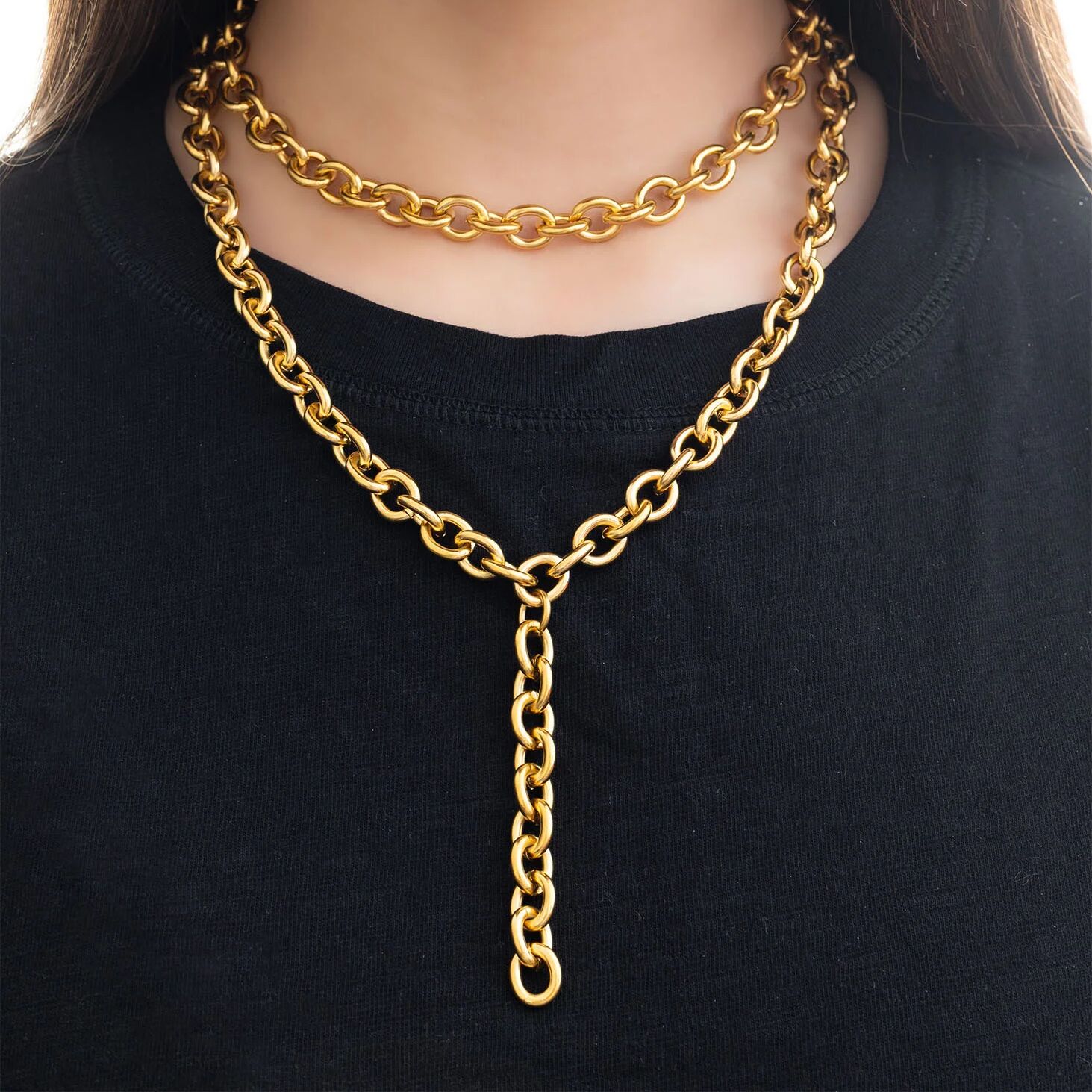 Chunky Chain Necklace – 18K Gold Lariat Adjustable Stainless Steel Jewelry