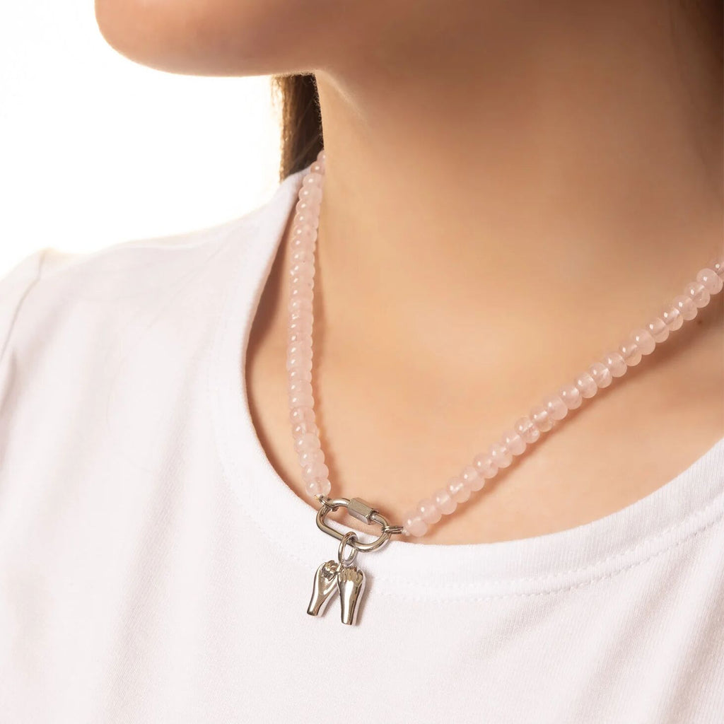 Chunky Bead Necklace - Pink Glass Bead Jewelry With Stainless Steel Carabiner Chain