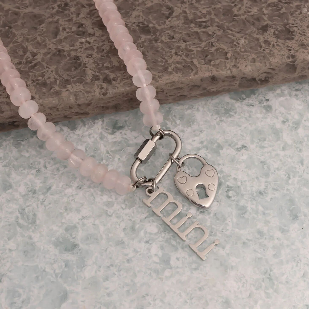 Chunky Bead Necklace - Pink Glass Bead Jewelry With Stainless Steel Carabiner Chain