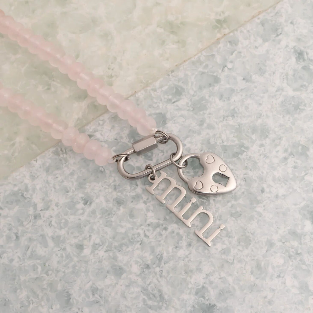 Chunky Bead Necklace - Pink Glass Bead Jewelry With Stainless Steel Carabiner Chain
