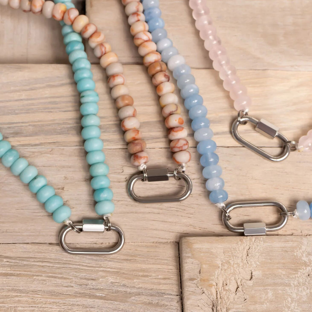 Stainless Steel Necklace – Chunky Glass Beads With Industrial Carabiner Clasp