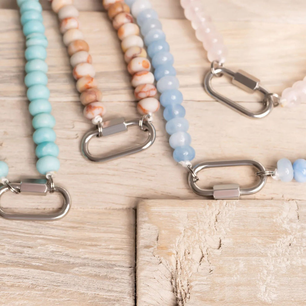 Chunky Bead Necklace - Pink Glass Bead Jewelry With Stainless Steel Carabiner Chain