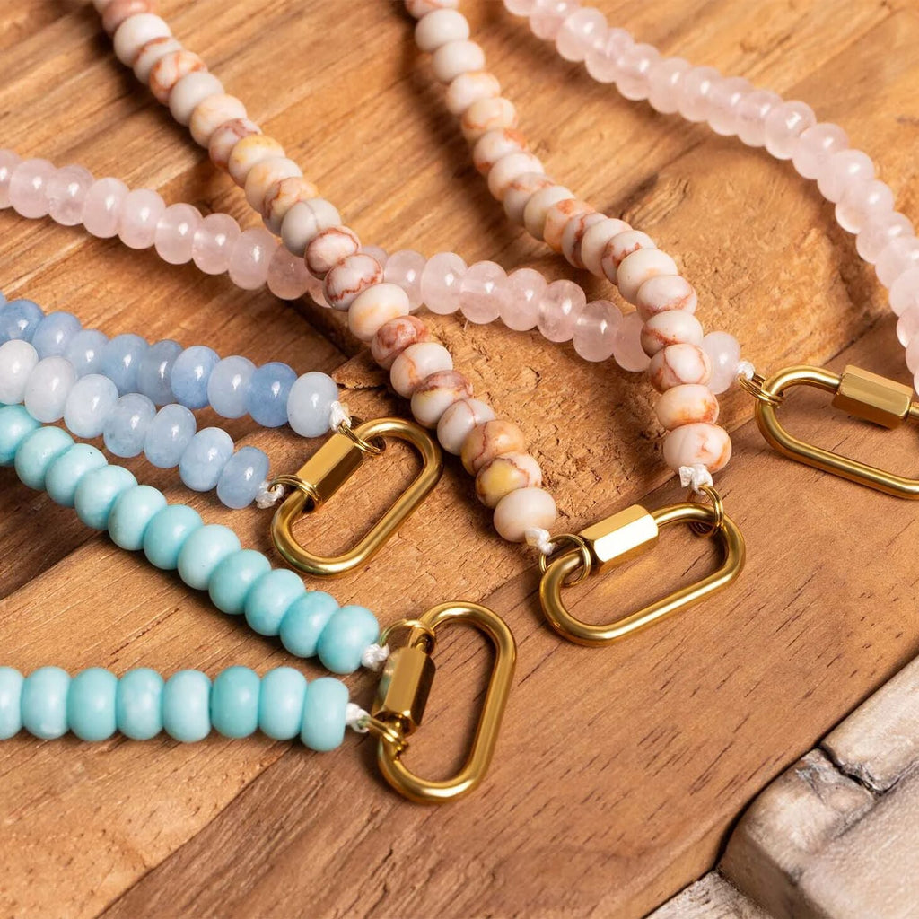 Stainless Steel Necklace – Chunky Glass Beads With Industrial Carabiner Clasp