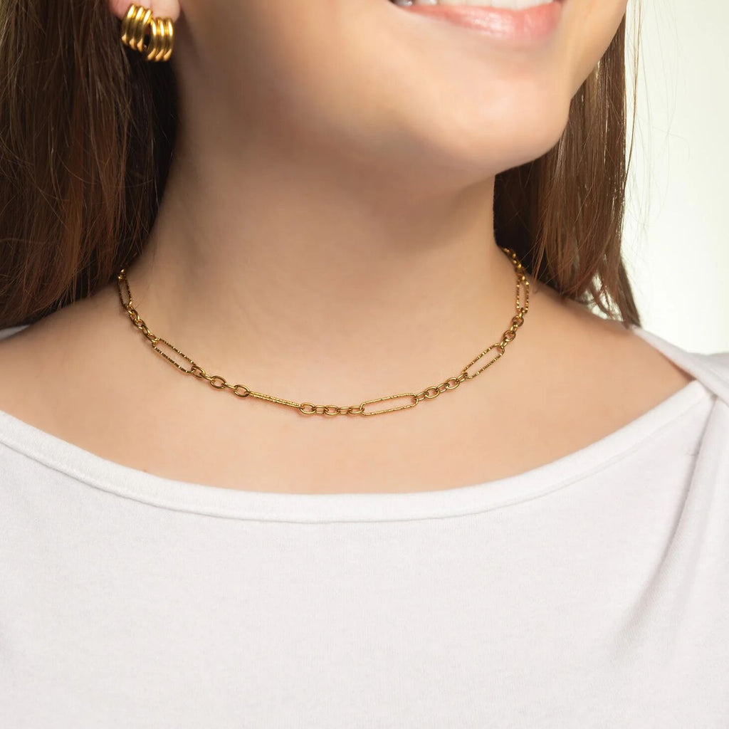 18K Gold Chain Necklace – Long Paperclip Textured Chain | Stainless Steel Jewelry