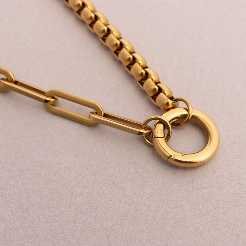 18k Gold Charm Necklace – Stainless Steel Box Chain & Paperclip Charm Holder