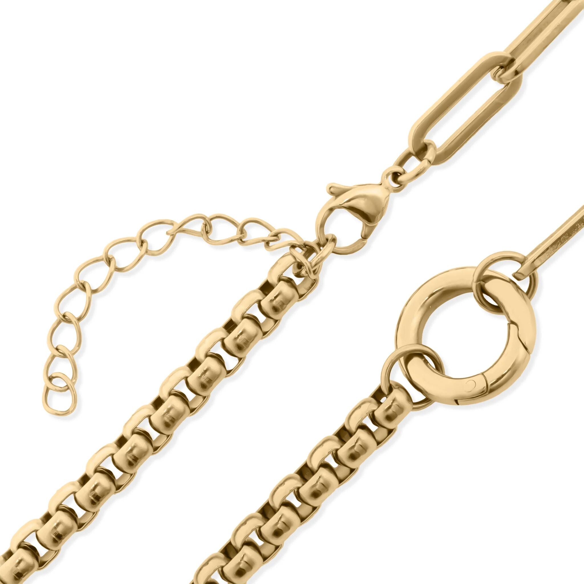 18k Gold Charm Necklace – Stainless Steel Box Chain & Paperclip Charm Holder