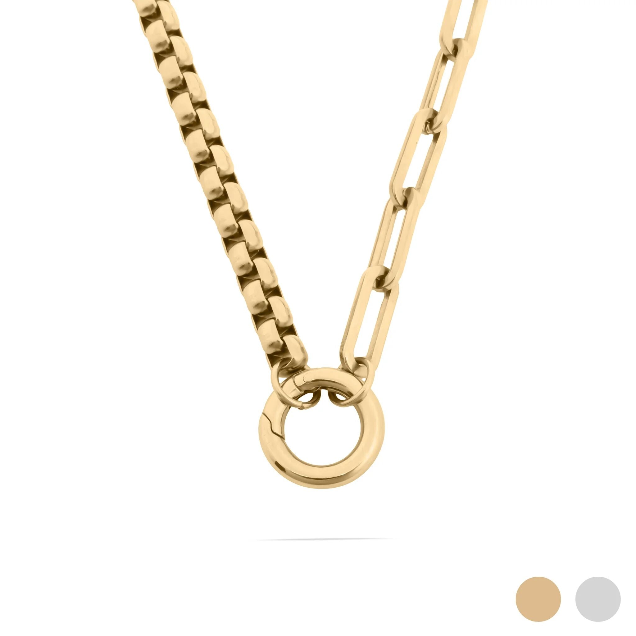18k Gold Charm Necklace – Stainless Steel Box Chain & Paperclip Charm Holder