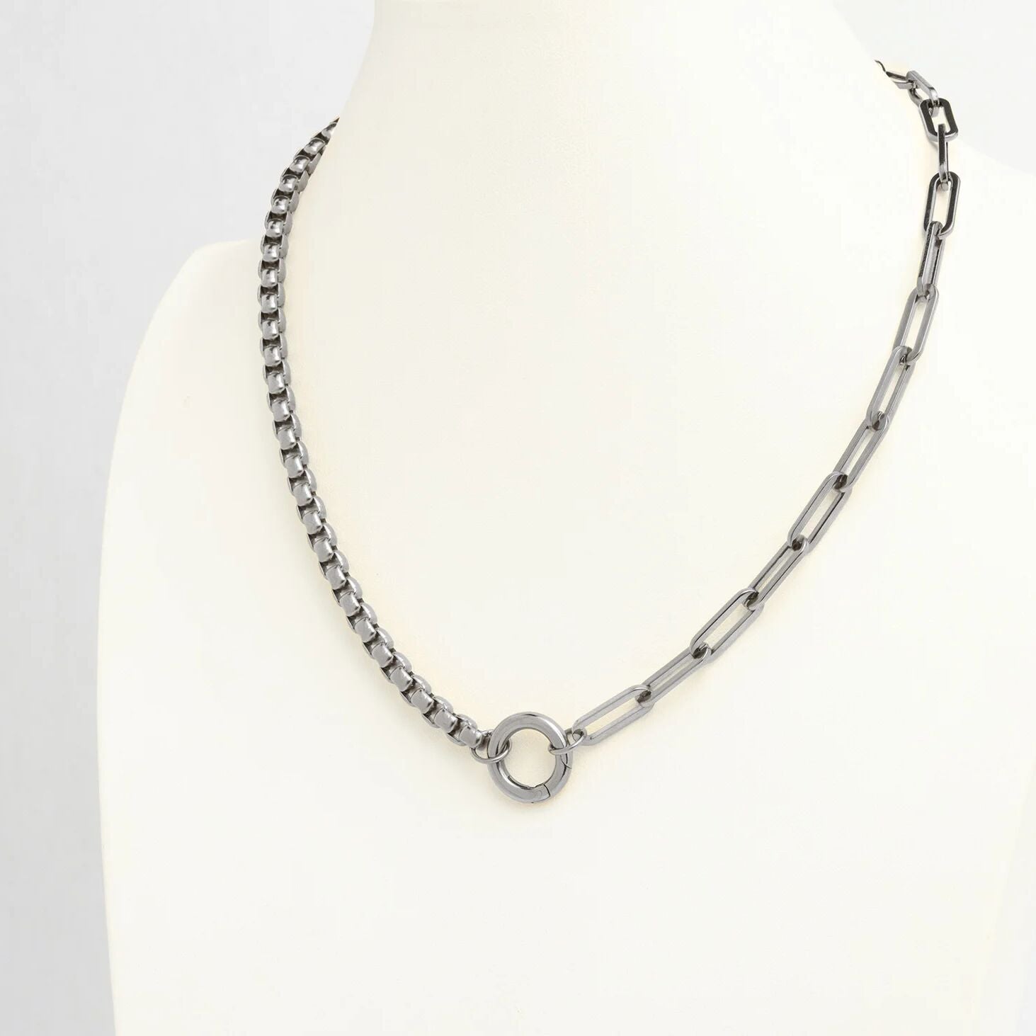 18k Gold Charm Necklace – Stainless Steel Box Chain & Paperclip Charm Holder