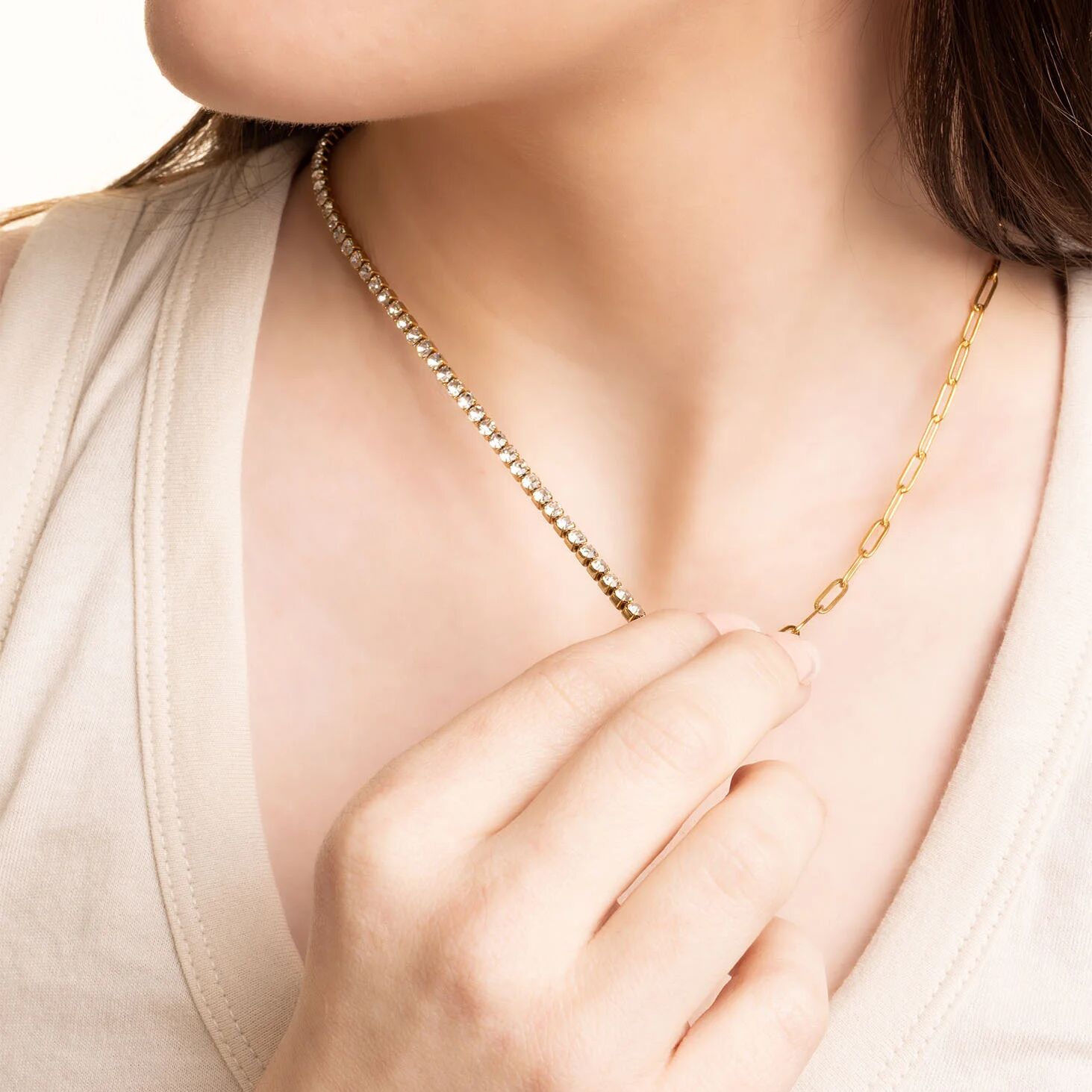 Gold Paperclip Necklace - 18K Gold PVD Stainless Steel Tennis Chain Split Design