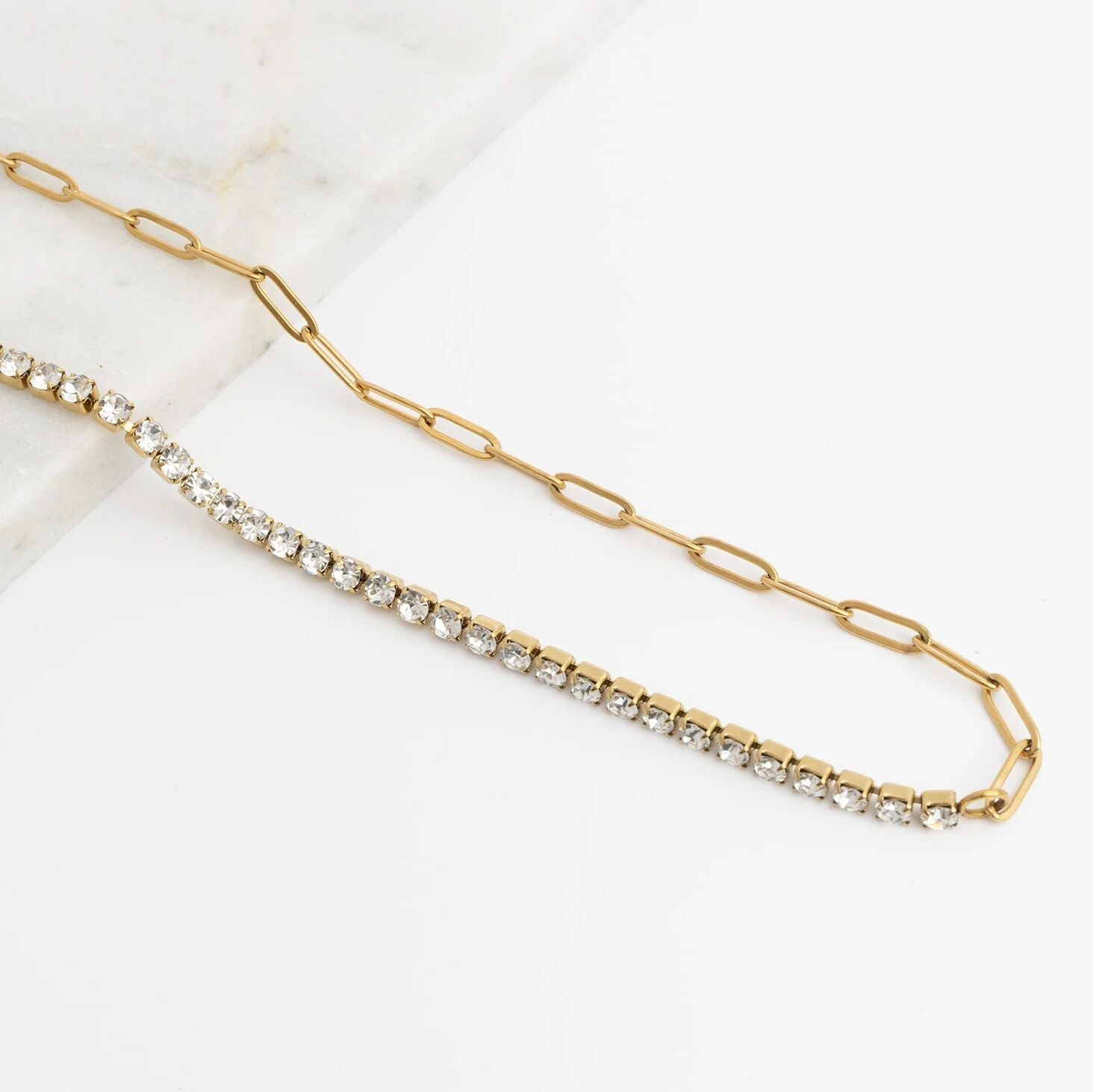 Gold Paperclip Necklace - 18K Gold PVD Stainless Steel Tennis Chain Split Design