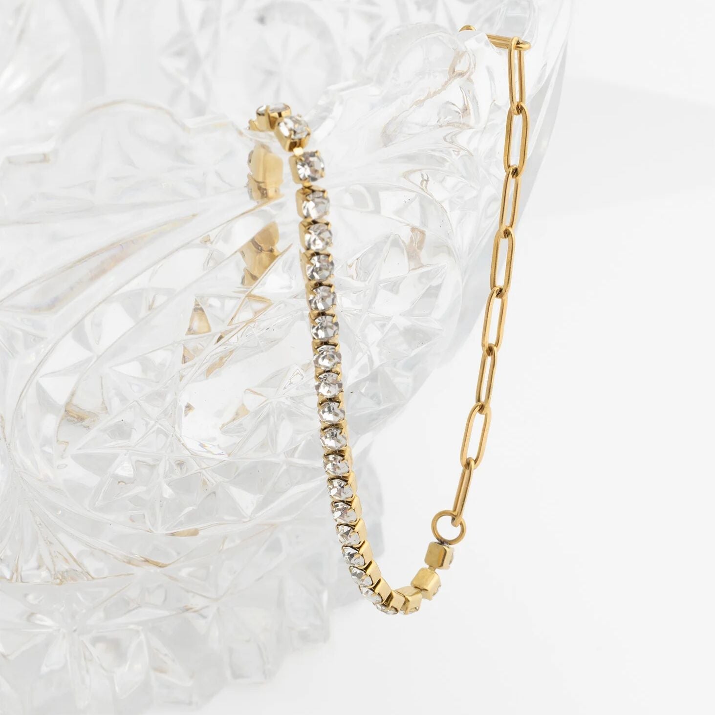 Gold Paperclip Necklace - 18K Gold PVD Stainless Steel Tennis Chain Split Design