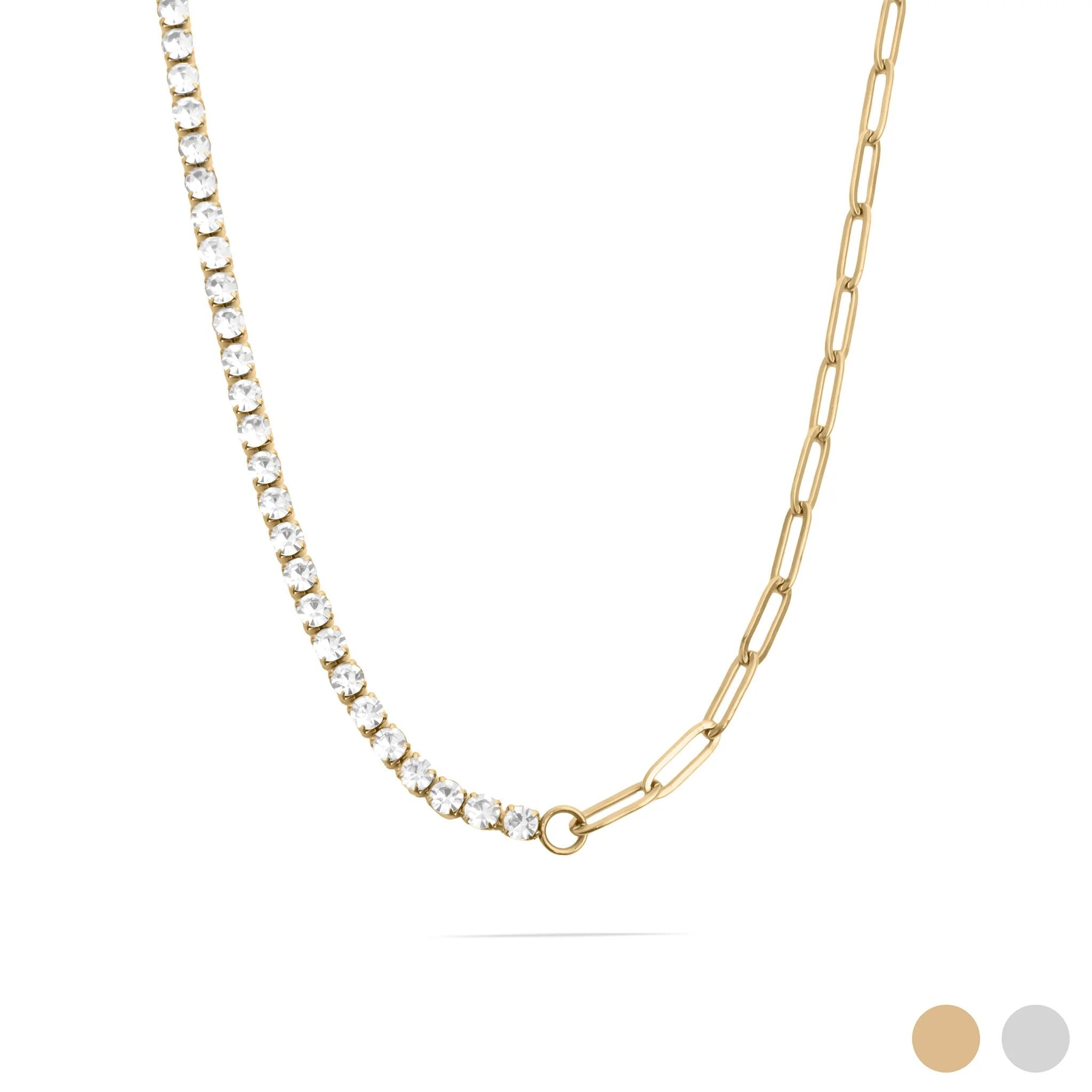 Gold Paperclip Necklace - 18K Gold PVD Stainless Steel Tennis Chain Split Design