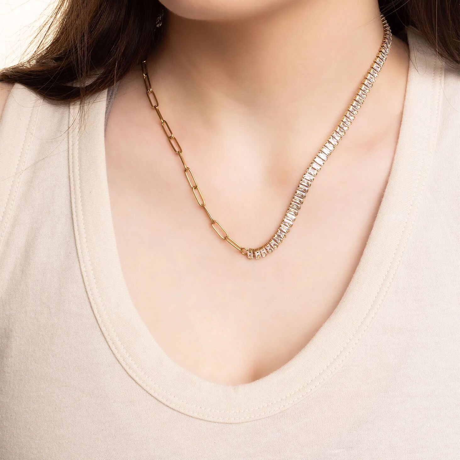 Gold Paperclip Necklace – 18K Gold PVD Stainless Steel Tennis Chain Emerald Jewelry